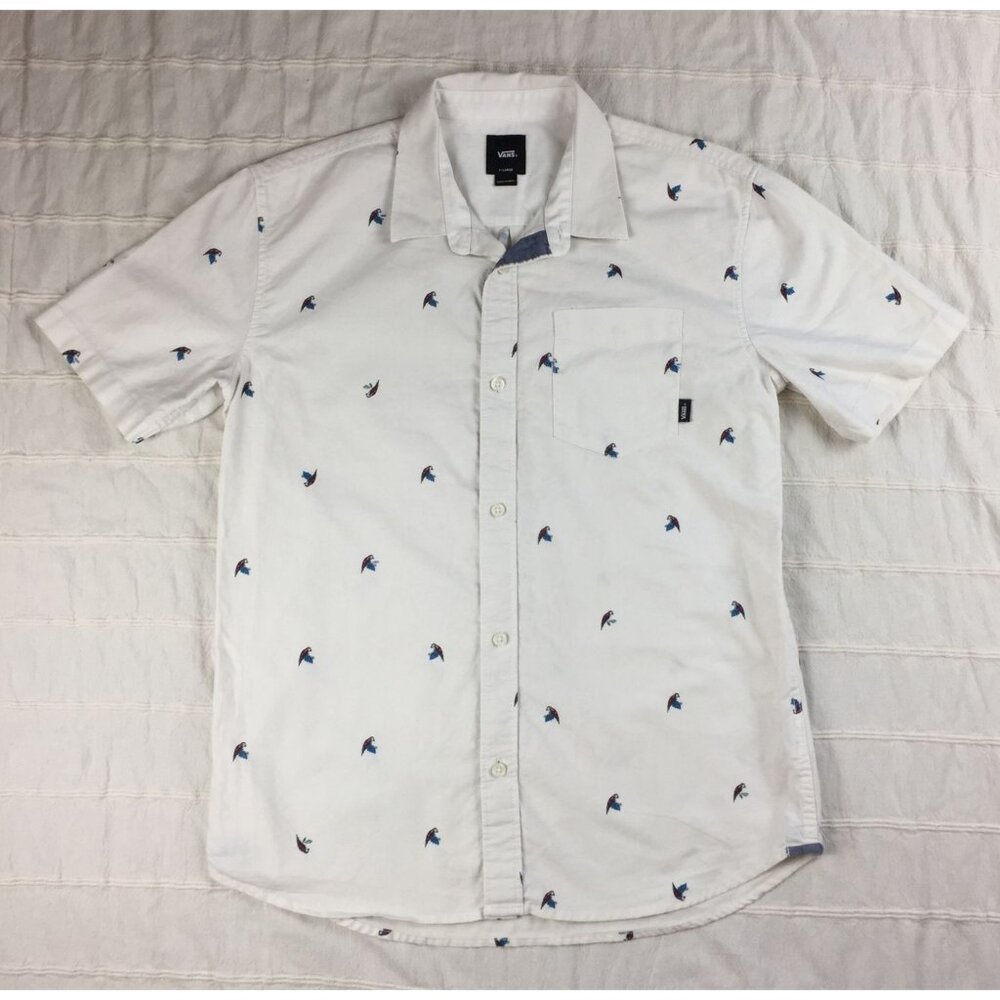 Vans Short Sleeve Camp Shirt Men's Size XL Slim Fit Button Up White Parrot